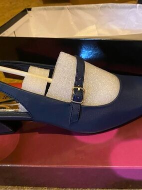 cameo Navy Slingback Mule with Gold Buckle